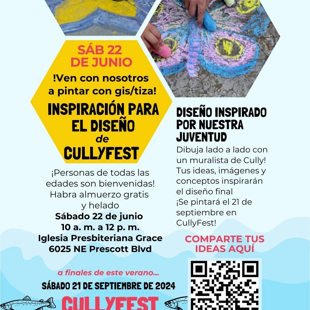 Join us and spread the word to Cully youth and families!

SAT JUNE 22 / S&Aacute;B 22 DE JUNIO
Sidewalk Chalk DESIGN INSPIRATION
!Ven con nosotros a pintar con gis/tiza!

All Ages Welcome! Free lunch + ice cream
&iexcl;Personas de todas las edades so