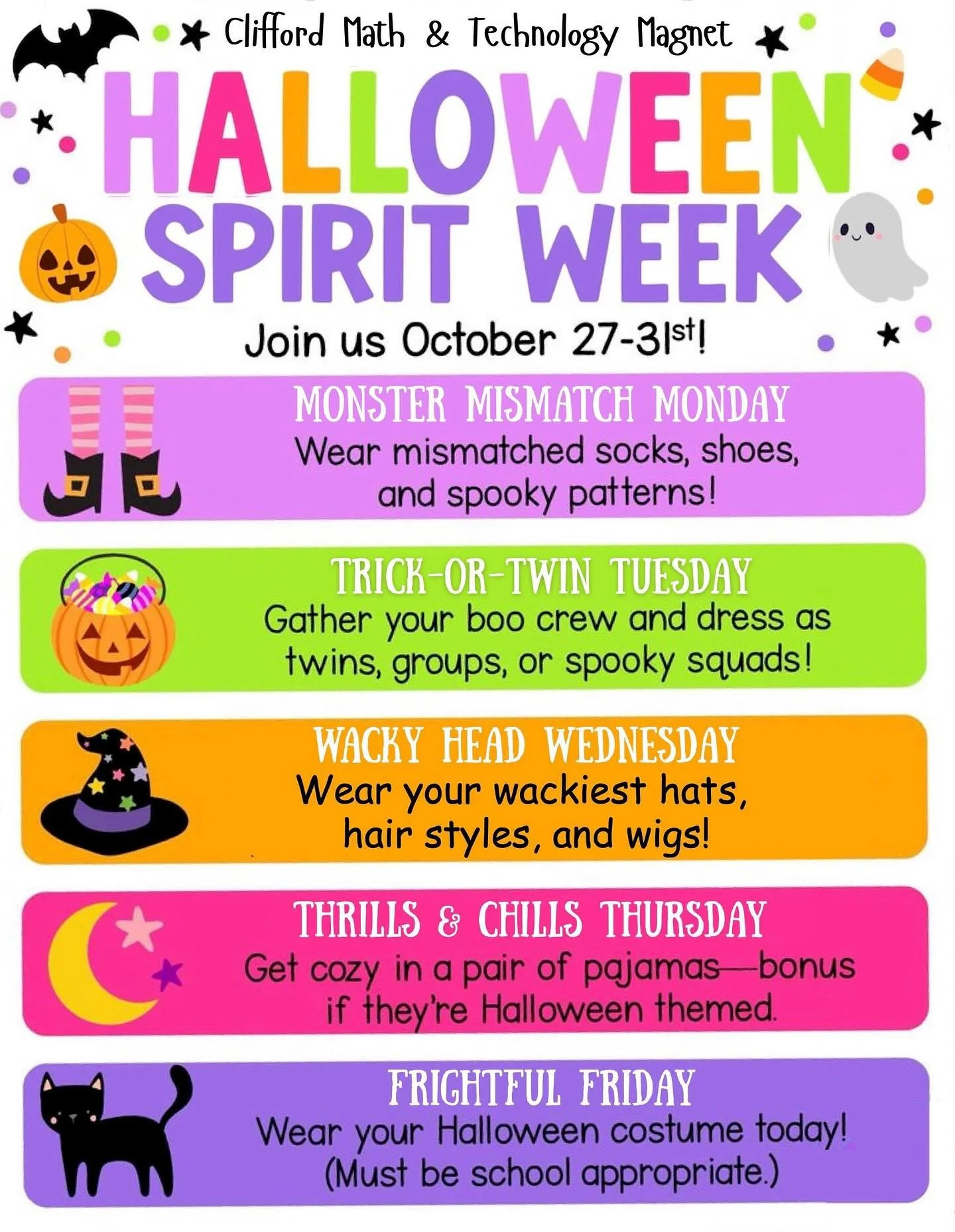 Get ready for a spooktacular week, Pandas! 👻
Join us for Halloween Spirit Week, Oct 27&ndash;31!
Let&rsquo;s see your spooky, silly, and spirited looks all week long! 🧡💜🖤
#CliffordPandas #SpiritWeek #HalloweenFun