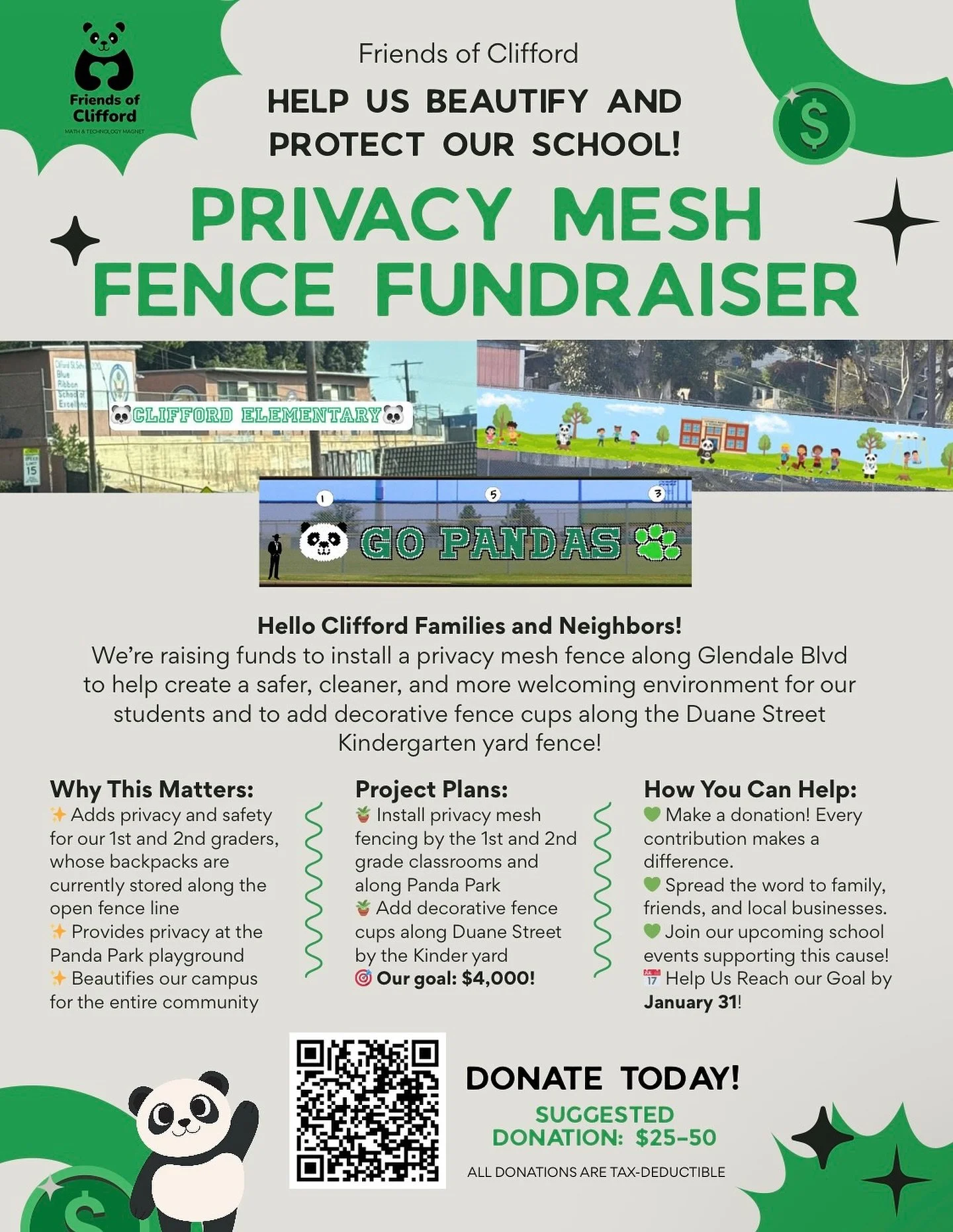 Privacy, safety, and school pride&mdash;all in one project! We&rsquo;re fundraising to install a new privacy mesh fence and decorative fence cups for our students. Donate today and help us reach our goal by Jan 31! 💚🐼 #cliffordelementary