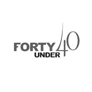 Logo with the text "Forty Under 10" in black and white.