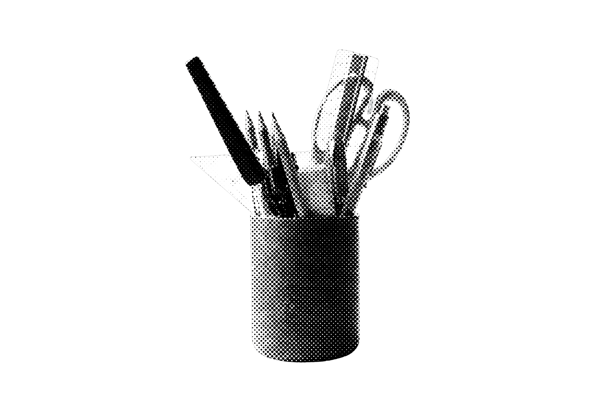 Line drawing of a hand holding a cup with two pens.