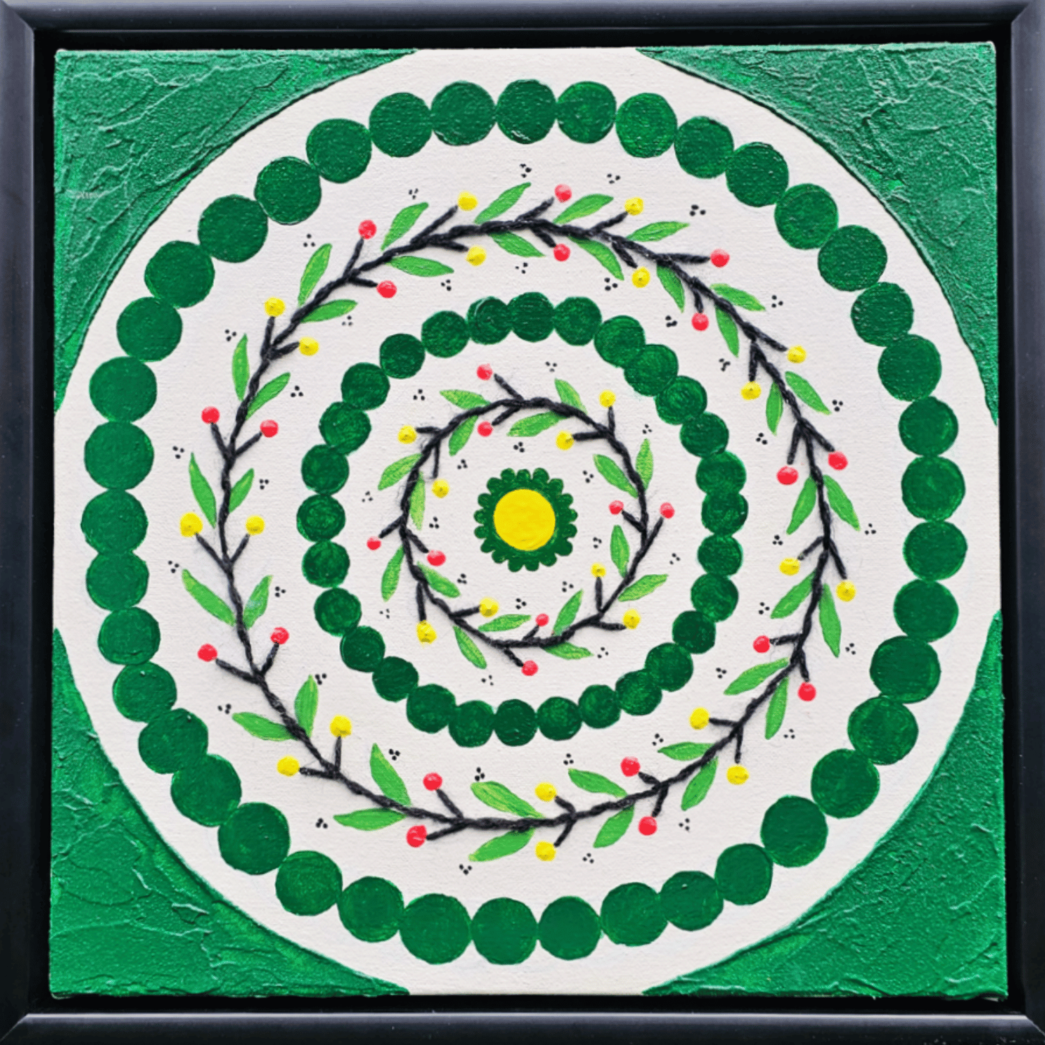 Pattern in peace · Mixed media including acrylic paints, texture, and embroidery on framed canvas · 30cm x 30cm · $550 AUD