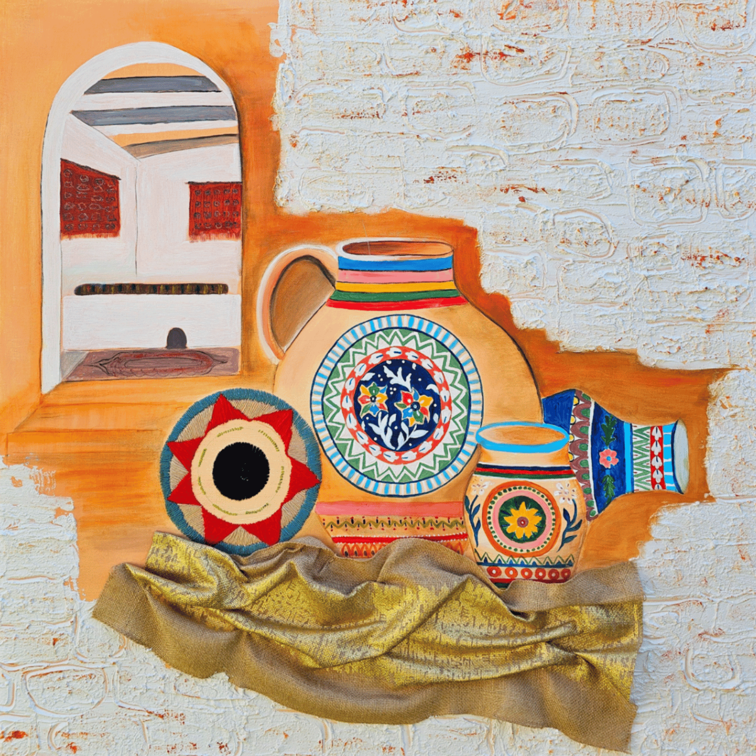 Ornament · Mixed media on canvas, including acrylic paints, texture, fabric, and embroidery · 90cm x 90cm · $1750 AUD