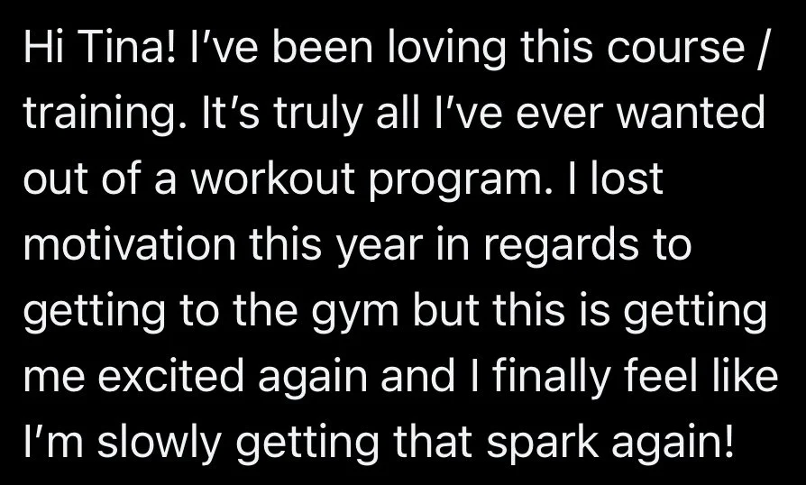 A motivational message with a black background and white text, expressing enthusiasm for a workout and renewed motivation.