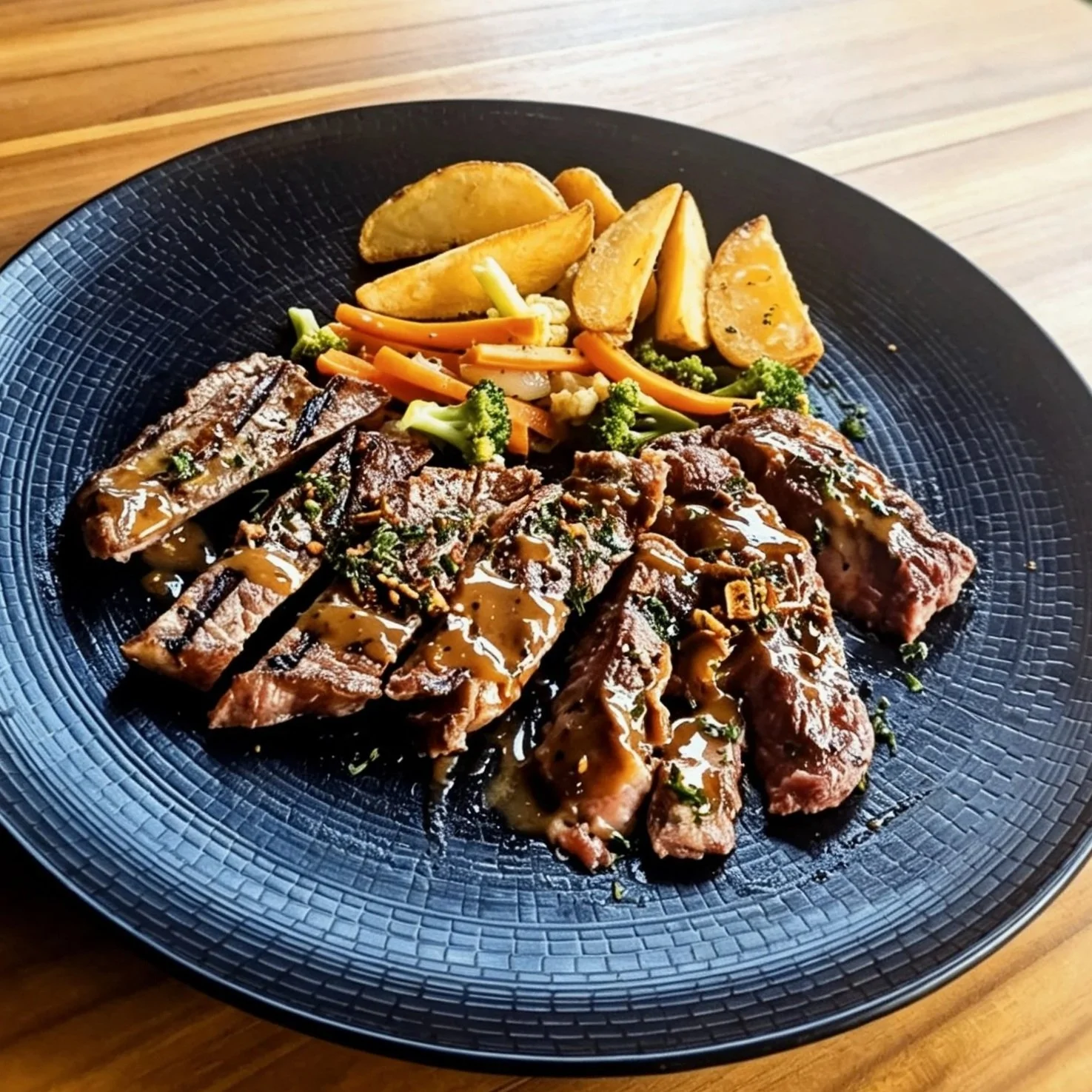 Slices of grilled steak drizzled with sauce on a black textured plate, accompanied by seasoned potato wedges and a medley of steamed vegetables including broccoli, carrots, and cauliflower.