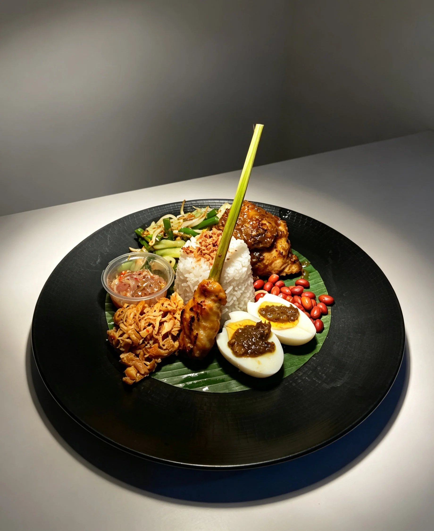 Traditional Indonesian dish called Nasi Bali, featuring white rice topped with spice shredded chicken, Balinese chicken betutu, Sliced boiled eggs with sauce, Minced chicken satay, and various side vegetables arranged on banana leaf.