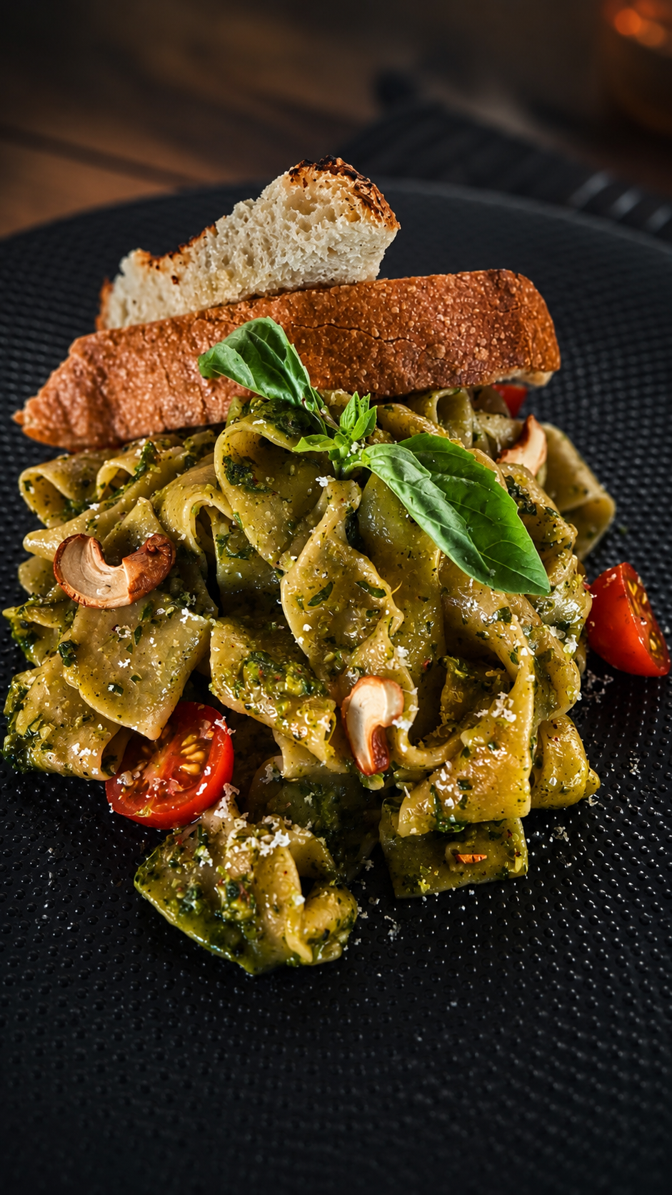Plate of pesto pasta with cherry tomatoes, mushrooms, basil, and a slice of toasted bread.
