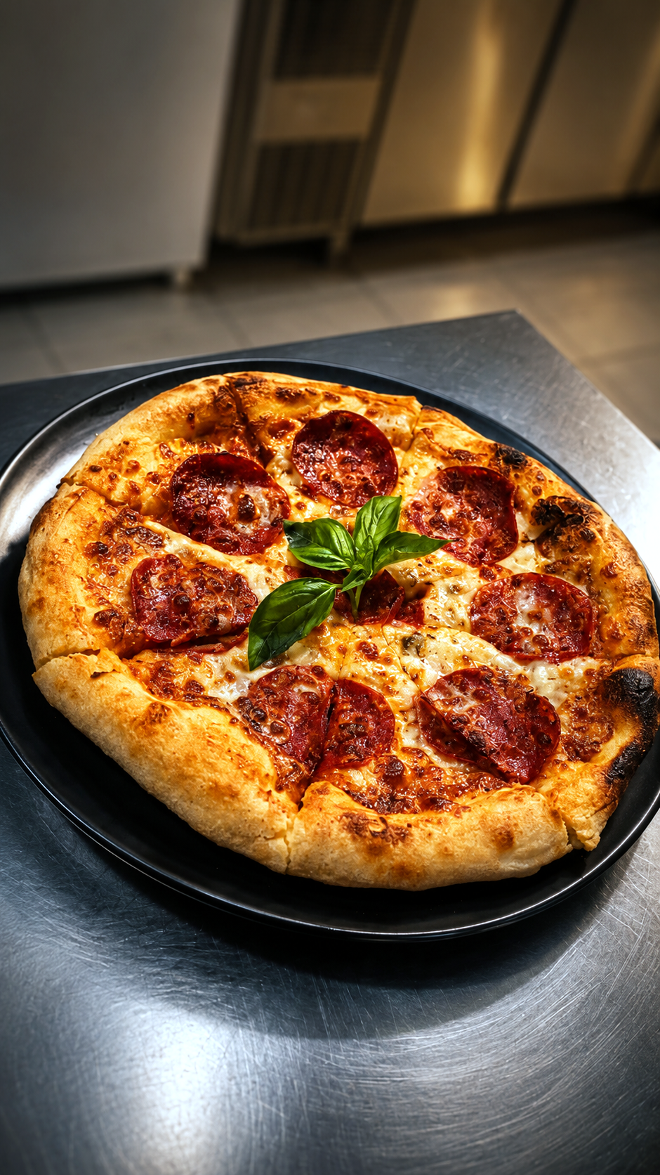 A pepperoni pizza garnished with fresh basil leaves served on a black tray.