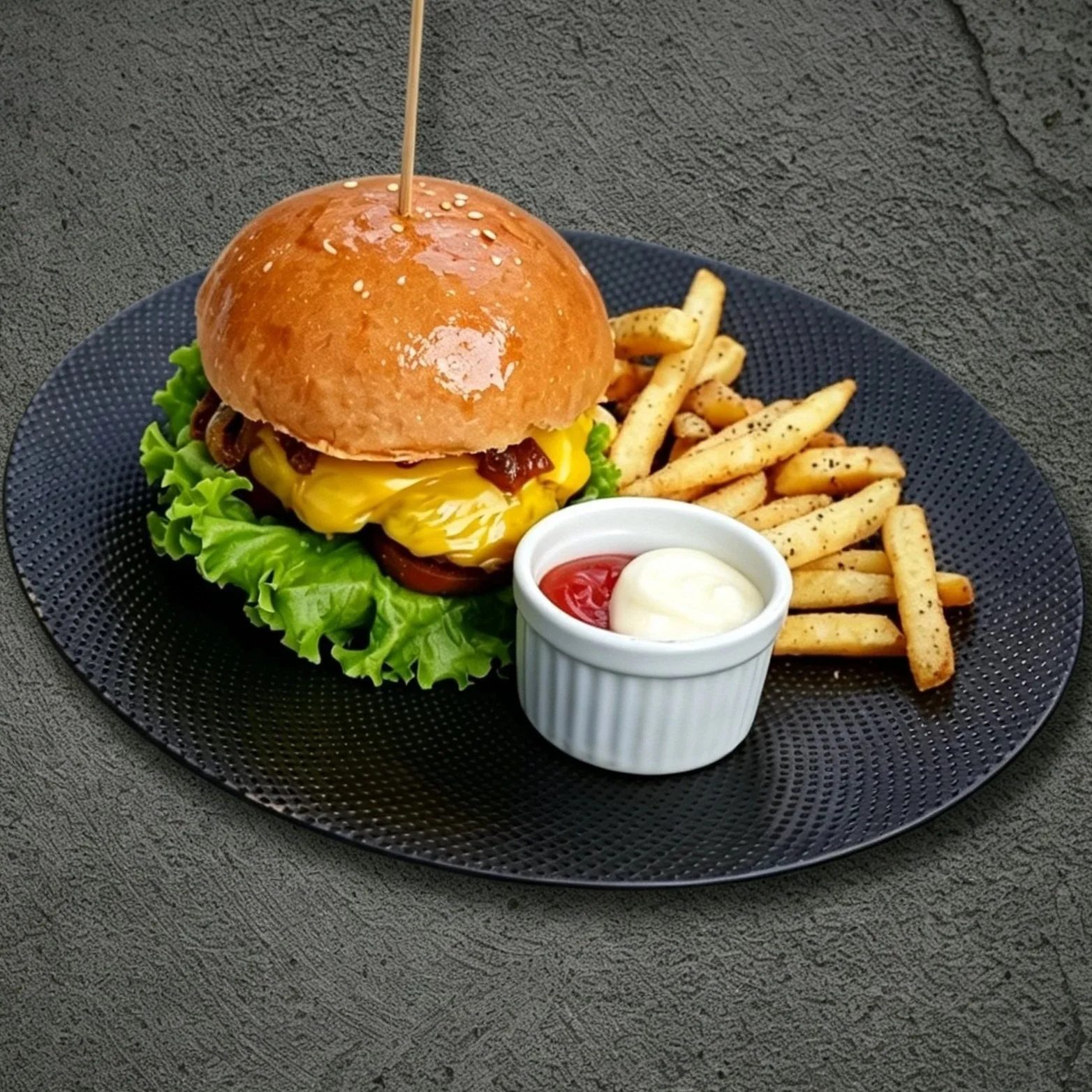 Hamburger with lettuce, cheese, bacon, and a bun, served with French fries, ketchup, and mayonnaise on a black plate.