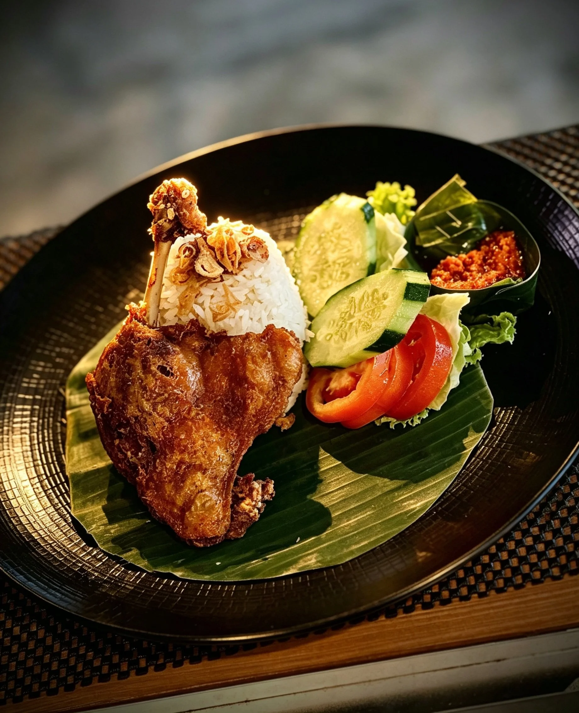 Plate with rice, fried chicken drumstick, cucumber slices, salad, and a small container of dipping sauce, all on a green banana leaf, placed on a black textured tray.