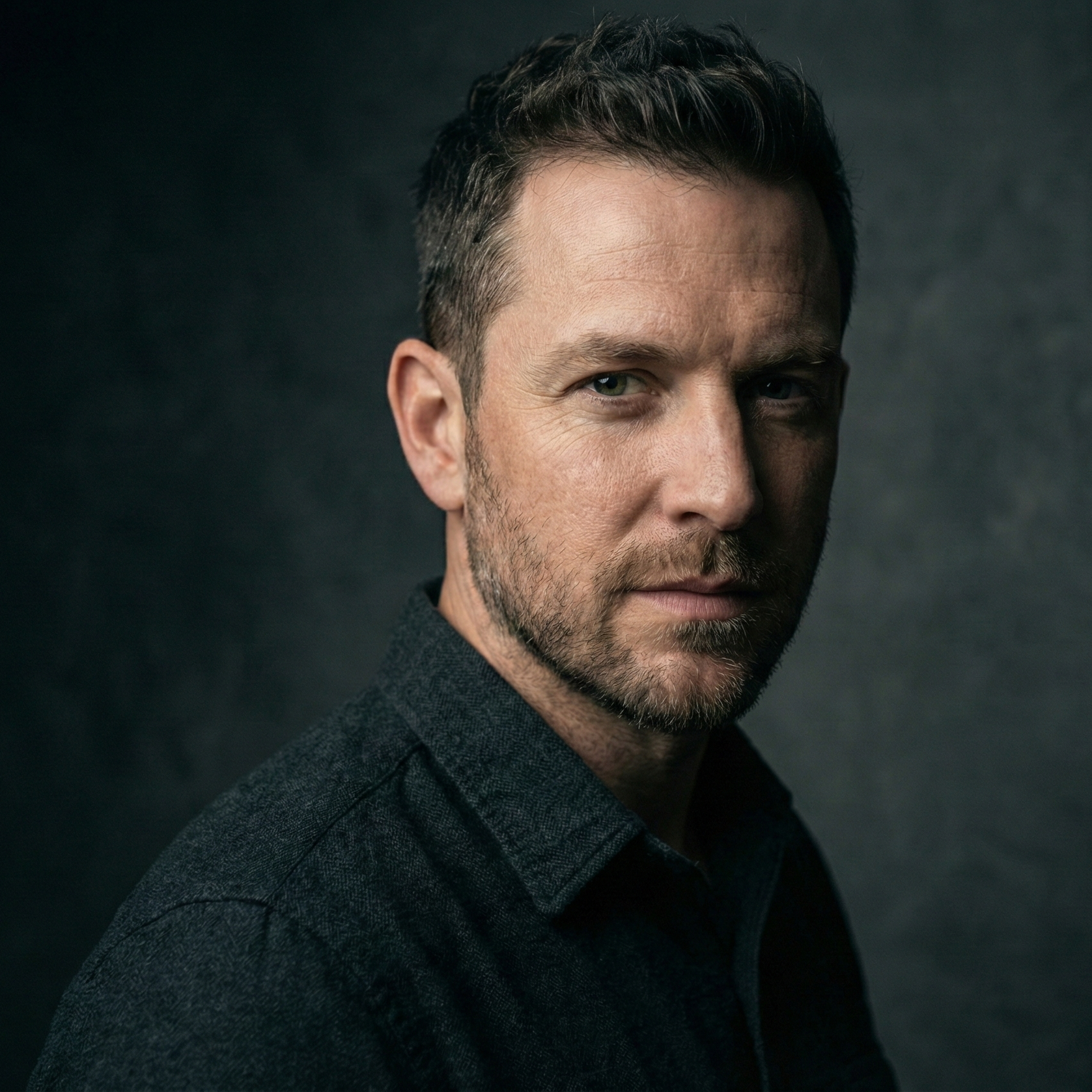 A cinematic actor headshot of a man with a beard, featuring dramatic side lighting and high texture against a dark background, illustrating the "Anti-AI" and bold lighting trends for NYC actors.