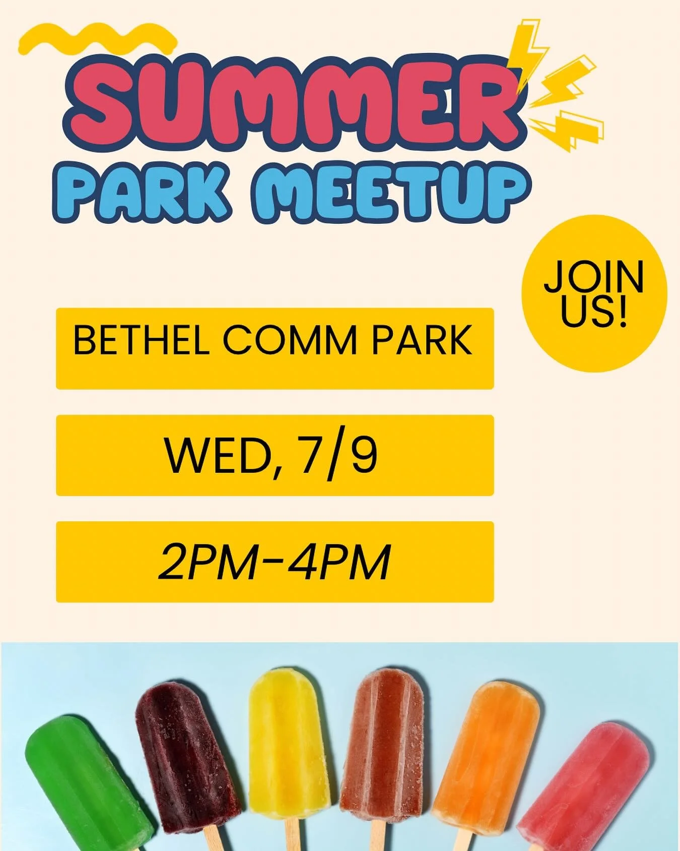 ☀️ Summer Park Meetup Alert! 🍦
Join us for a fun afternoon at Bethel Community Park this Wednesday, 7/9 from 2&ndash;4PM!
We&rsquo;ll have popsicles, sunshine, and plenty of playtime with friends. 🛝🎉

Bring your kiddos, connect with other families