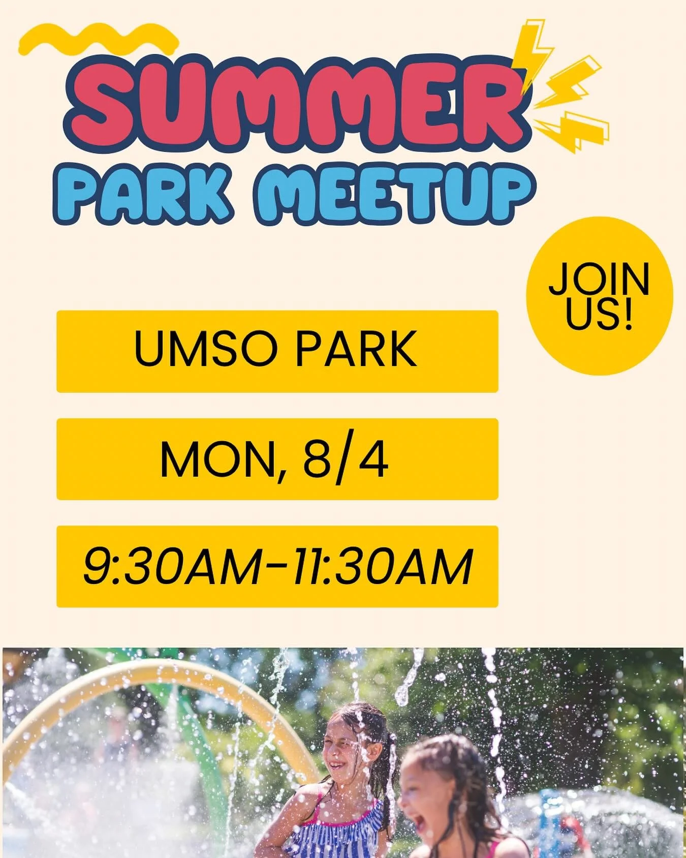 ☀️ Splash into summer fun!
Join us for our Summer Park Meetup at Umso Park on Monday, 8/4 from 9:30&ndash;11:30 AM! 🛝💦
Bring your kiddos, sunscreen, and good vibes&mdash;let&rsquo;s make some sunny memories together! 🌈🧃 #SummerFun #ParkPlaydate #