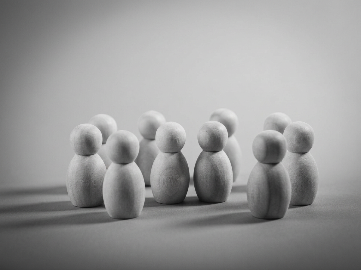 Neun kleine, weiße, holzgeschnitzte Figuren in Anordnung, kaum Schatten auf einer hellen Oberfläche, monochromes Bild.
