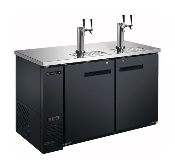 Commercial beer kegerator with double tap, stainless steel top, black two-door design.