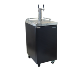 black portable kegerator with dual taps and wheels