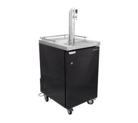 Black kegerator with a single tap on casters