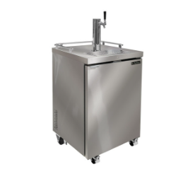 Stainless steel kegerator with tap handle, mounted on wheels.