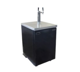 Black beer kegerator with stainless steel top and dual tap dispenser.
