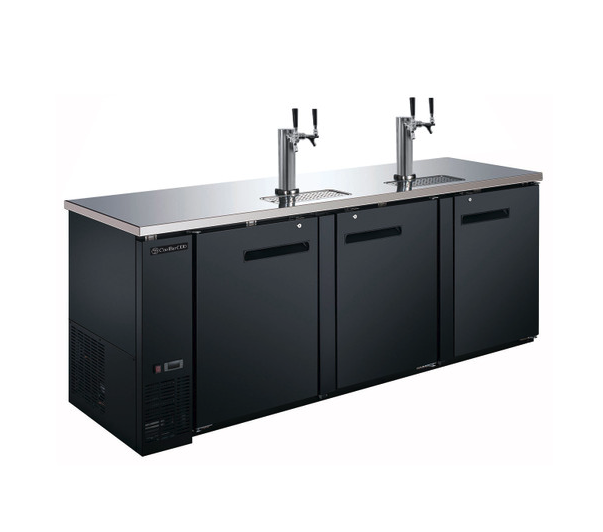 Black commercial beer kegerator dispenser with stainless steel countertop and two tap faucets.