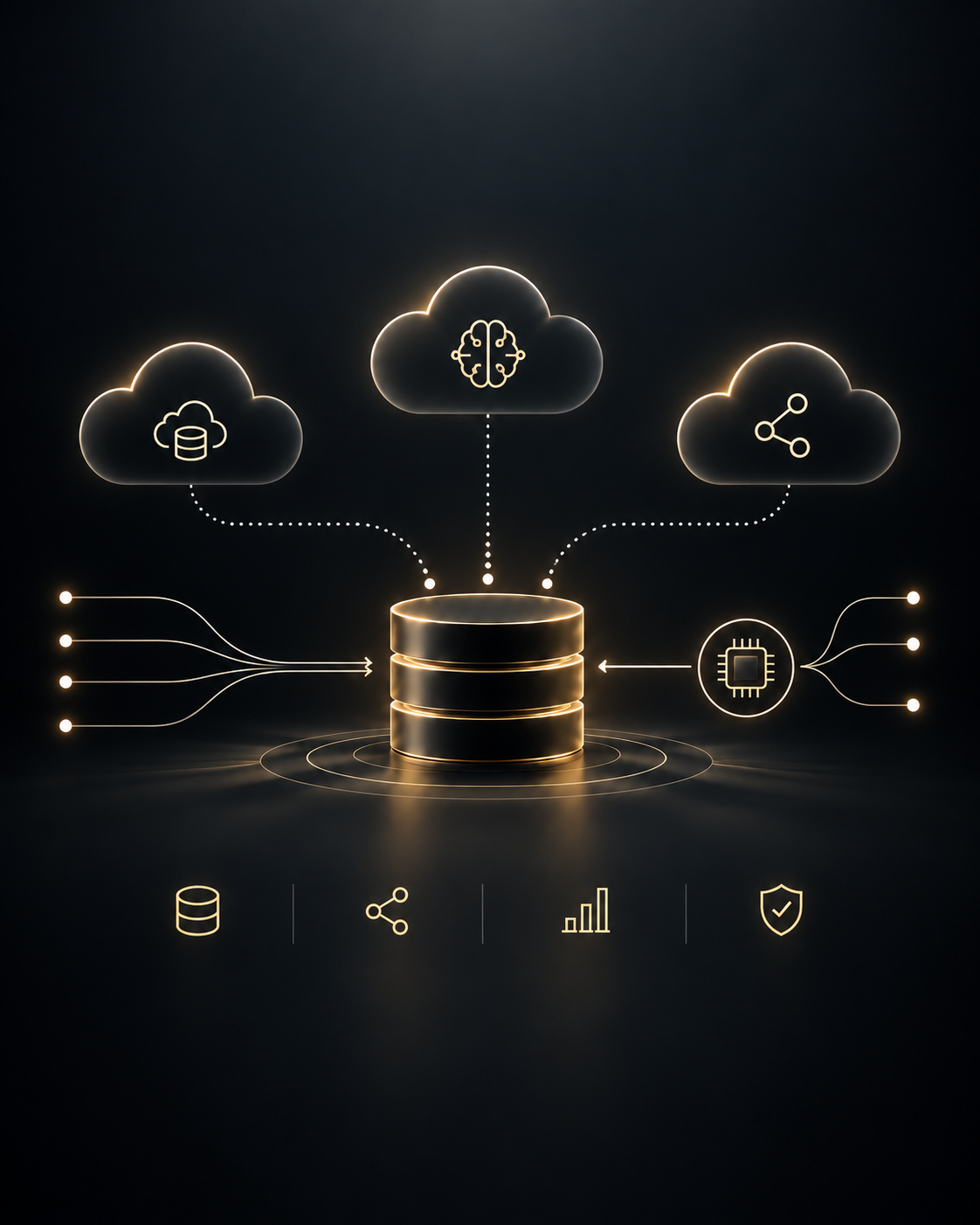Diagram of a cloud-agnostic, AI-ready data platform connecting AWS, Azure and Google Cloud to a central data layer and AI-driven outputs