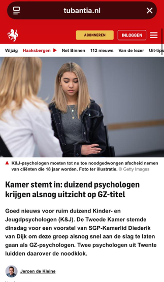Tubantia: Kamer stemt in: duizend psychologen krijgen alsnog uitzicht op GZ-titel