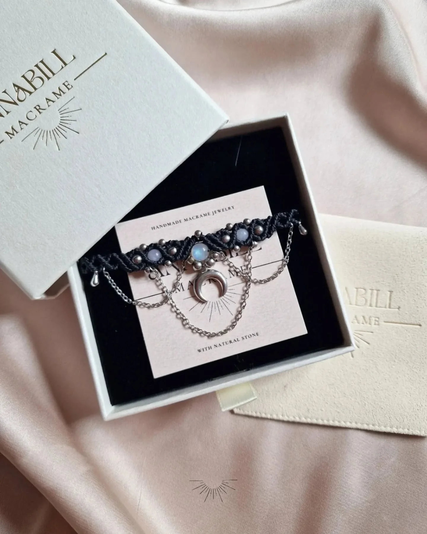 Collana Luna Goth 🖤 Now Available 
Nero | Pietra di Luna &amp; Acquamarina 

Link in Bio ✨️

#micromacram&egrave; #macram&egrave; #macramejewelry #handmadejewelry #chokernecklace