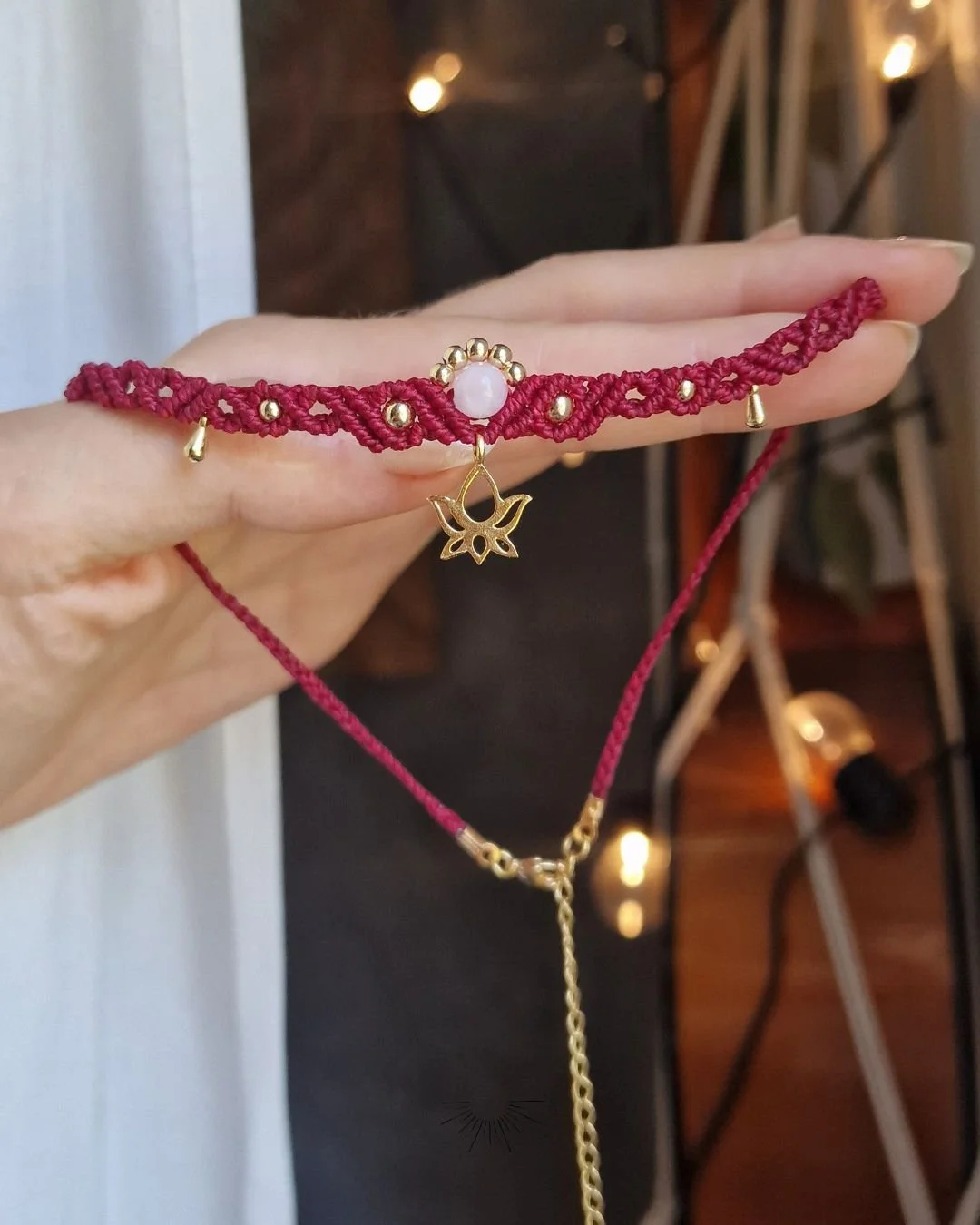 Collana AFRODITE Ciliegia e quarzo rosa choker cuore fiore di loto lotus.jpg