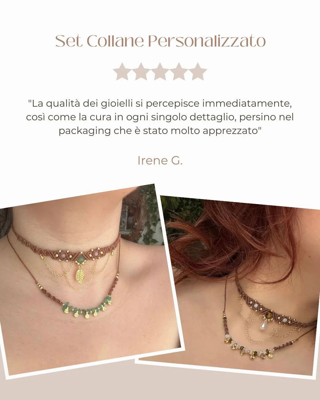 Recensione gioielli set collane personalizzate Irene, avventurina, pietre naturali, quarzo rosa, agata bianca, cannella, castano, spirality