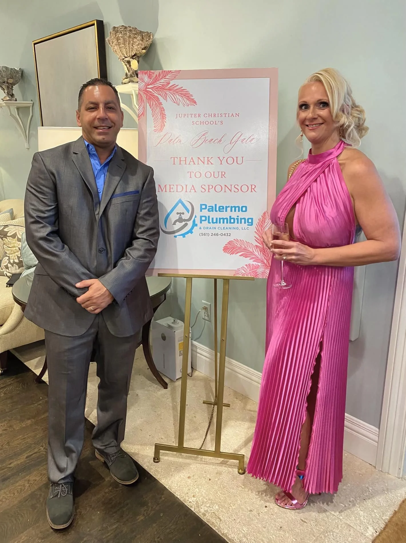 Johnny Palermo, owner of Palermo Plumbing & Drain Cleaning, with his wife at a Palm Beach community event