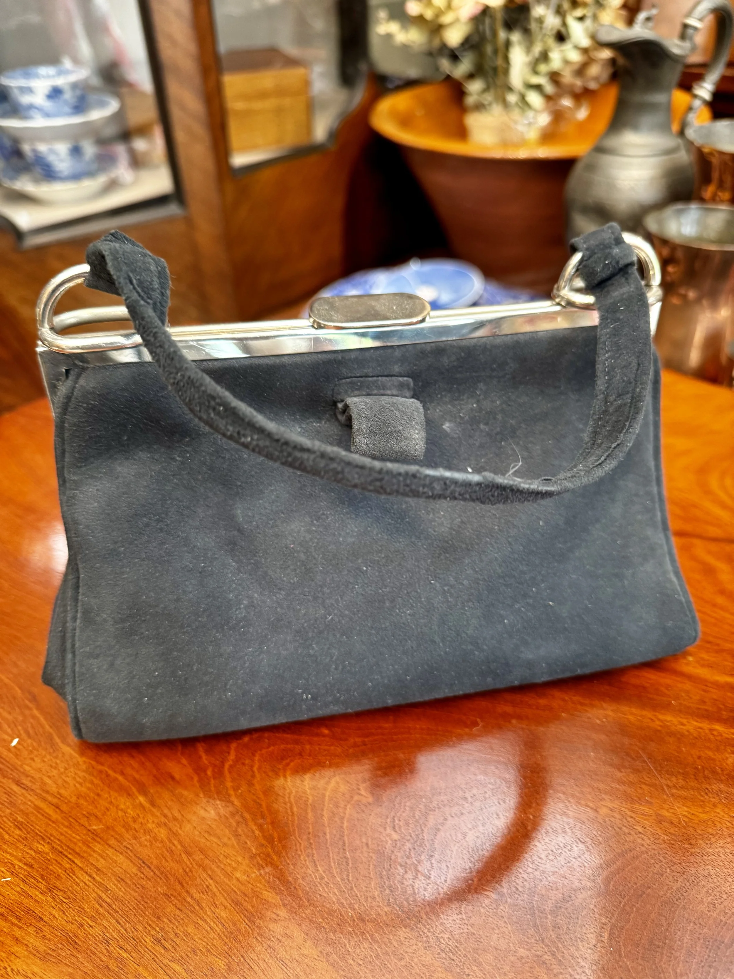 Vintage 1930s Blue Suede Handbag With Chrome Clasp