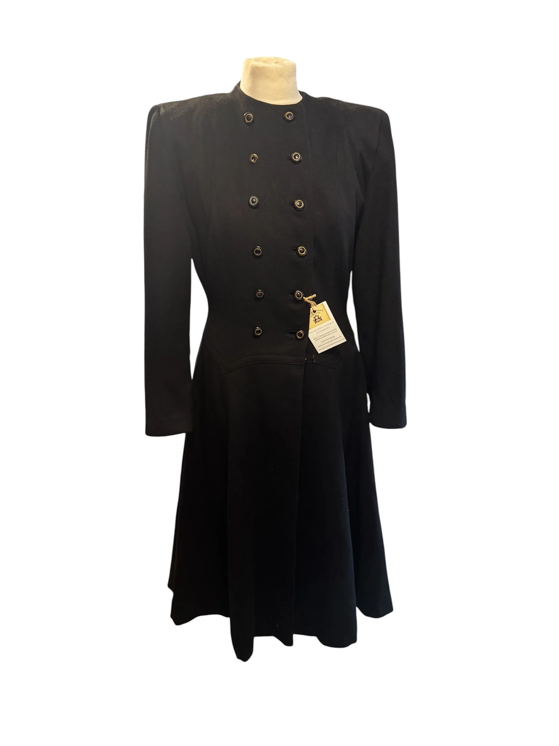 1940s Ladies American Black Wool / Cashmere Fit & Flare Princess Coat Size 10 UK