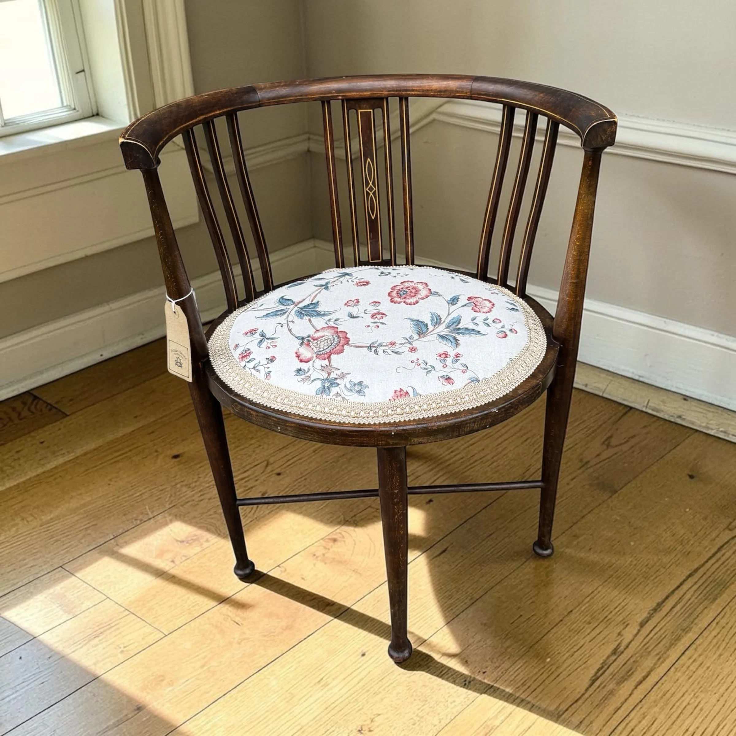 Antique Edwardian Mahogany Inlaid Tub Chair - Newly Upholstered Floral Linen