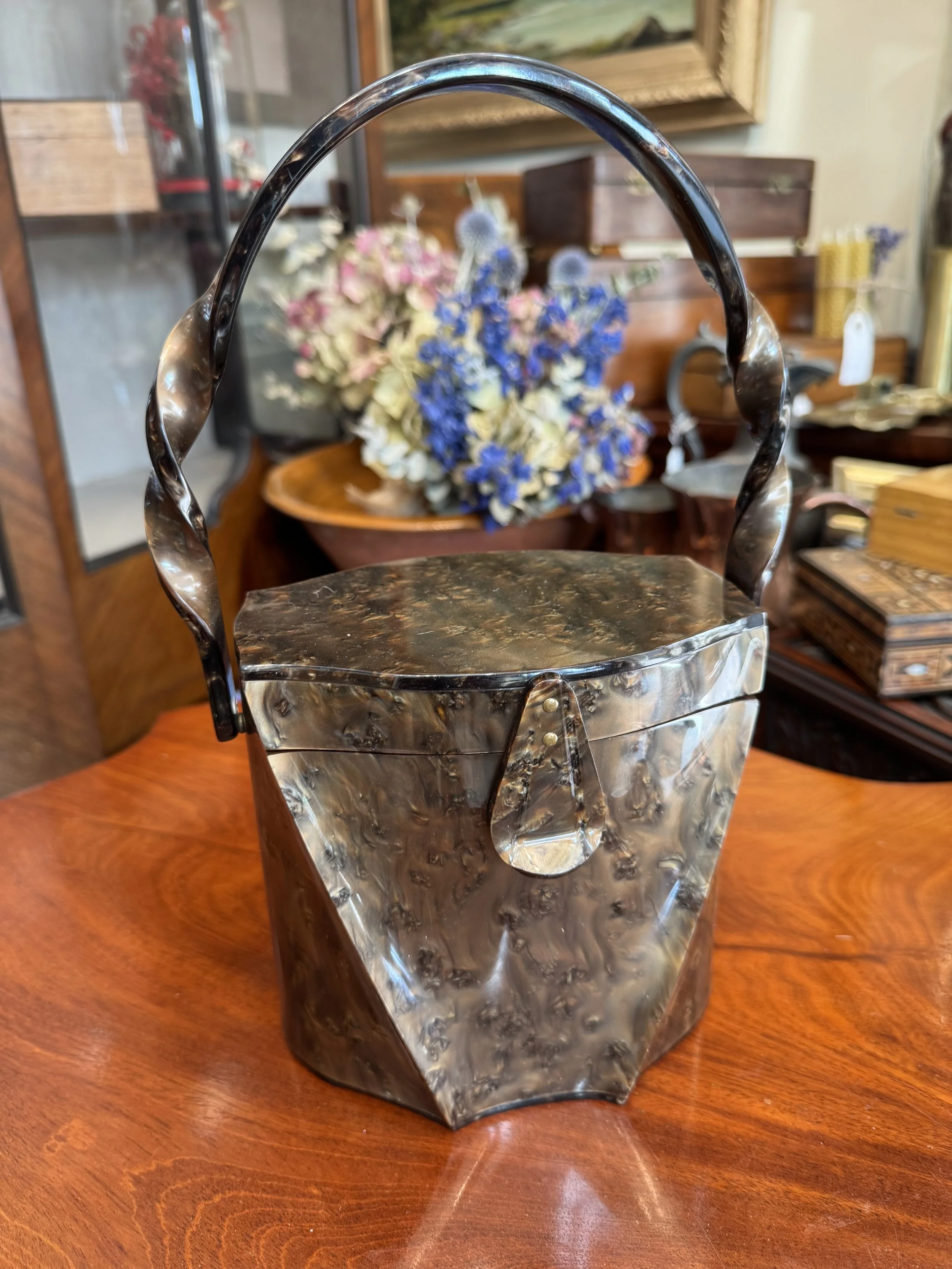Vintage American 1950s Bronze Marbled Lucite Wilardy Box Handbag Purse