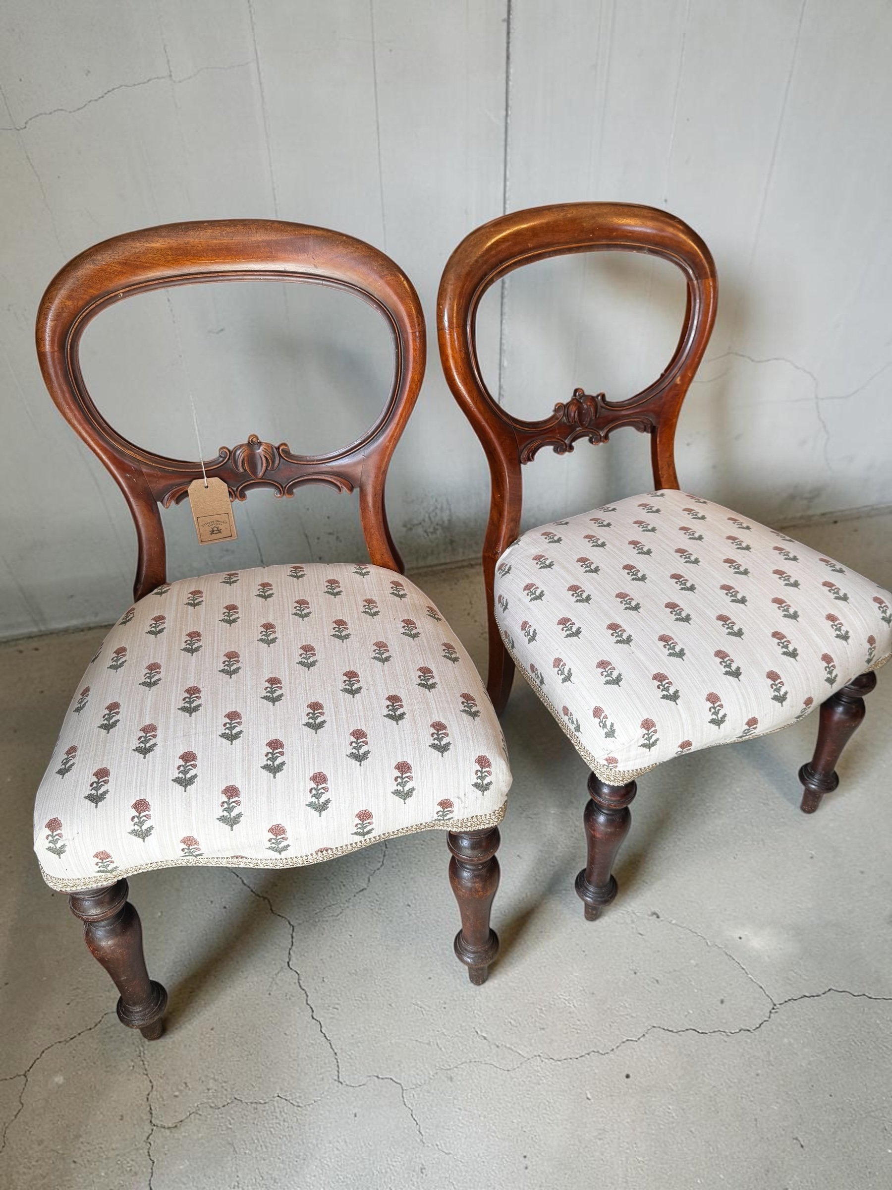 Antique Victorian Mahogany Framed Balloon Backed Side Chairs Recovered In Designer Fabric
