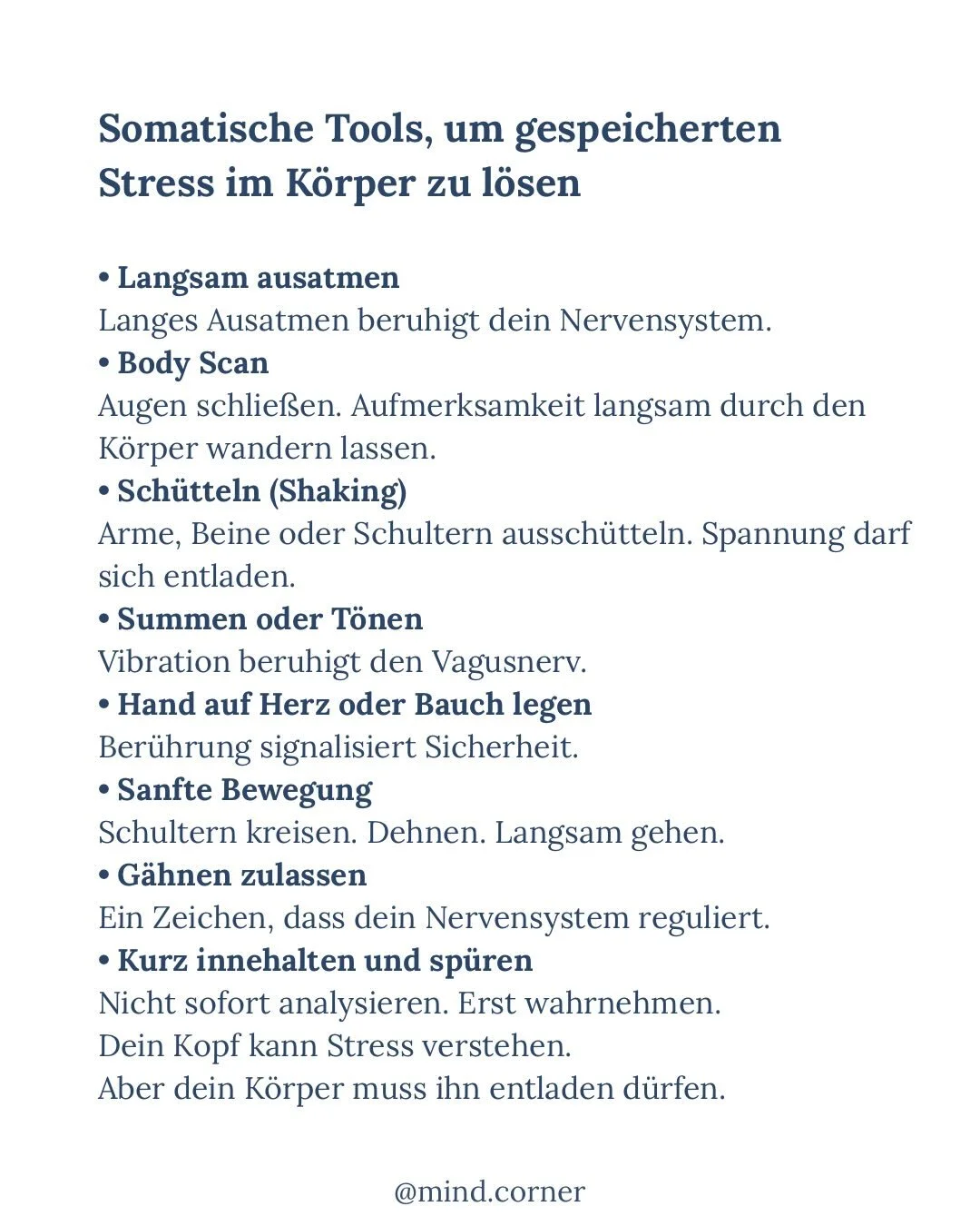 Manchmal merken wir erst sp&auml;t,
wie viel unser K&ouml;rper eigentlich getragen hat.

Die Anspannung im Nacken.
Der Druck im Brustraum.
Die Unruhe im Bauch.
Die M&uuml;digkeit, die auch nach Schlaf nicht wirklich verschwindet.

Stress verschwindet