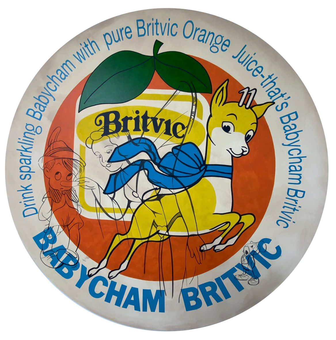 Babycham Real Boy, 2025
Acrylic on paper on panel,
120cm Diameter x 3cm 