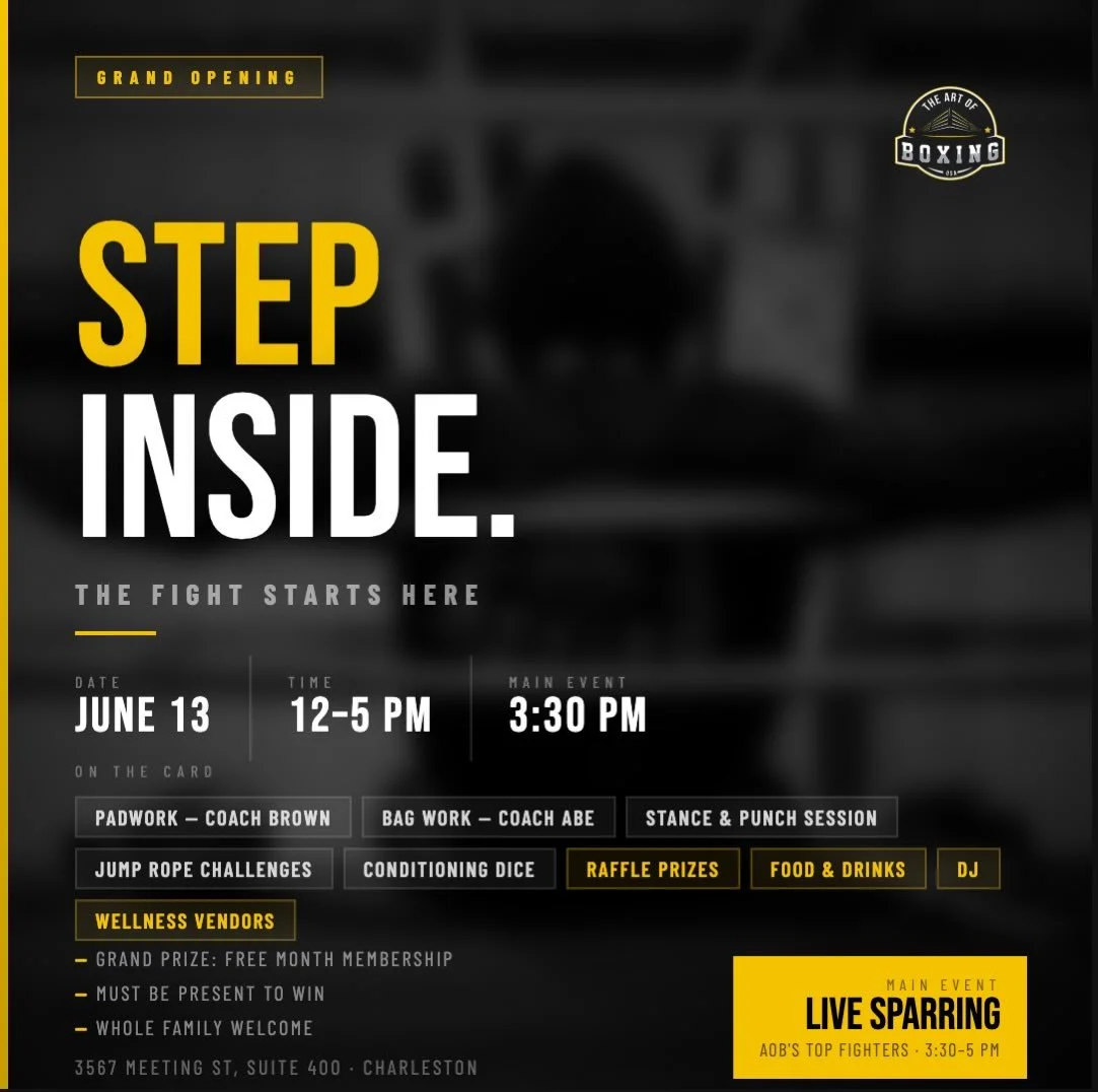 AOB Grand Opening Event
June 13th 12pm to 5pm

⭐️⭐️⭐️⭐️⭐️

Competition. Food. Music. Prizes. Wellness Vendors. 
Final Event: AOB top Fighters take the ring at 3:30pm.

Raffle Prizes including:
- Gloves &amp; Wraps
- Private Session with Coach Brown
-