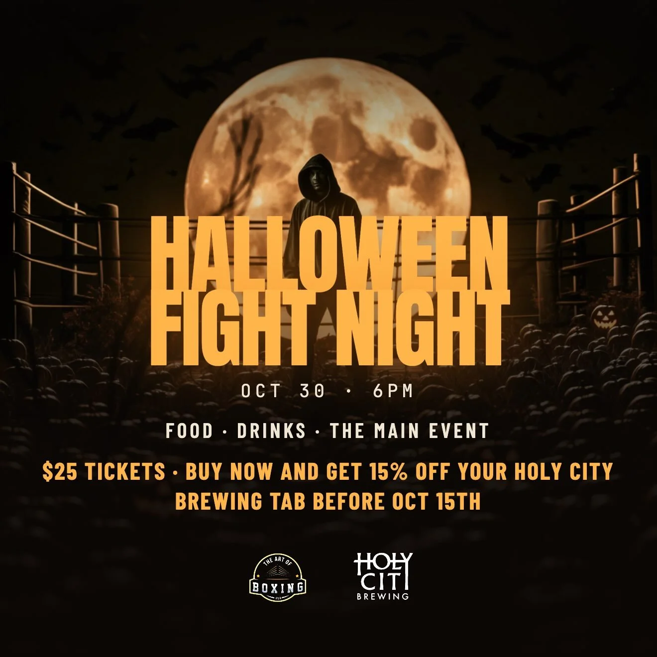 Art of Boxing &amp; Holy City Brewing are proud to present Halloween Fight Night Oct 30th at Art of Boxing USA. 

But tickets before Oct 15th and receive 15% off your Holy City Brewing tab.

When the moon rises&hellip; so do we. 🌕. It&rsquo;s an eve