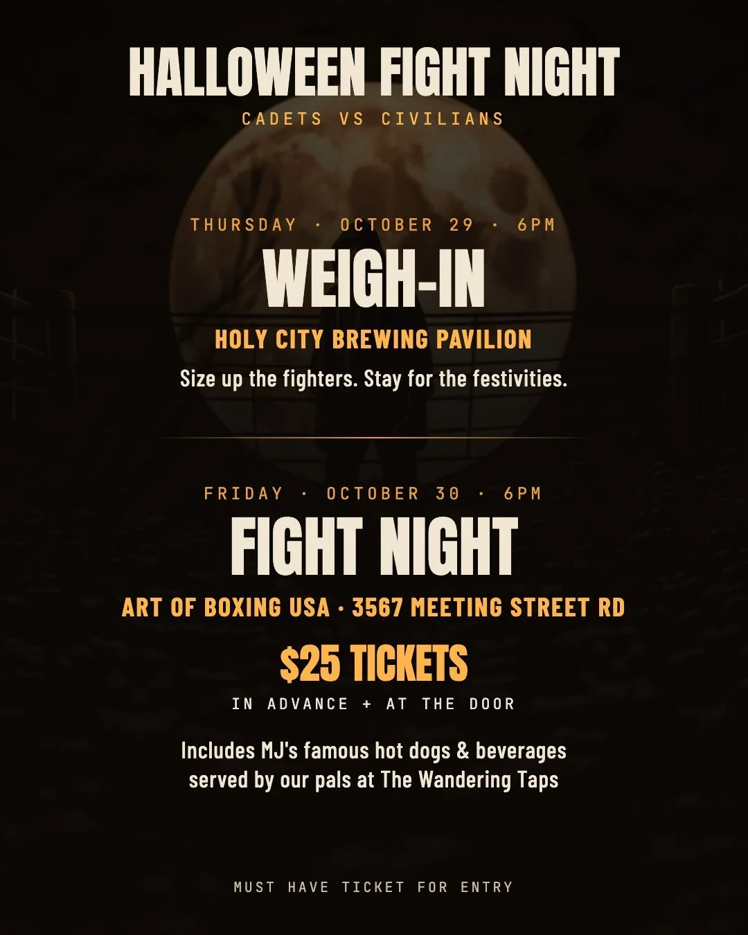 Our fighters are getting ready to rumble, and we are too! 

Weigh-in on Thursday hosted by our friends at @holycitybrewing 6pm. Size up the fighters and stay for fright night festivities!

Fight Night on Friday at AOB starting at 6pm with food &amp; 