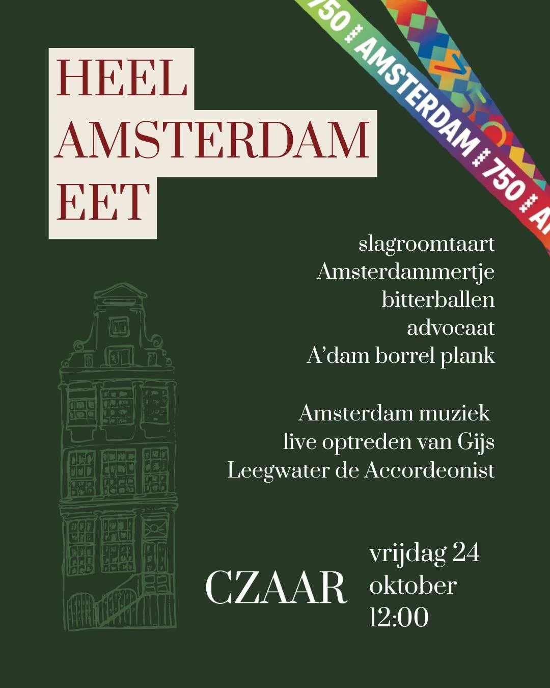 Kom naar Café Czaar en vier de verjaardag van de stad op z'n Amsterdams!
- Vanaf 12:00 uur delen we gratis slagroomtaart uit bij de koffie en thee.
Vanaf 17:00 uur hebben we speciale aanbiedingen.
- Tijdens de borrel verschijnen er schaaltj