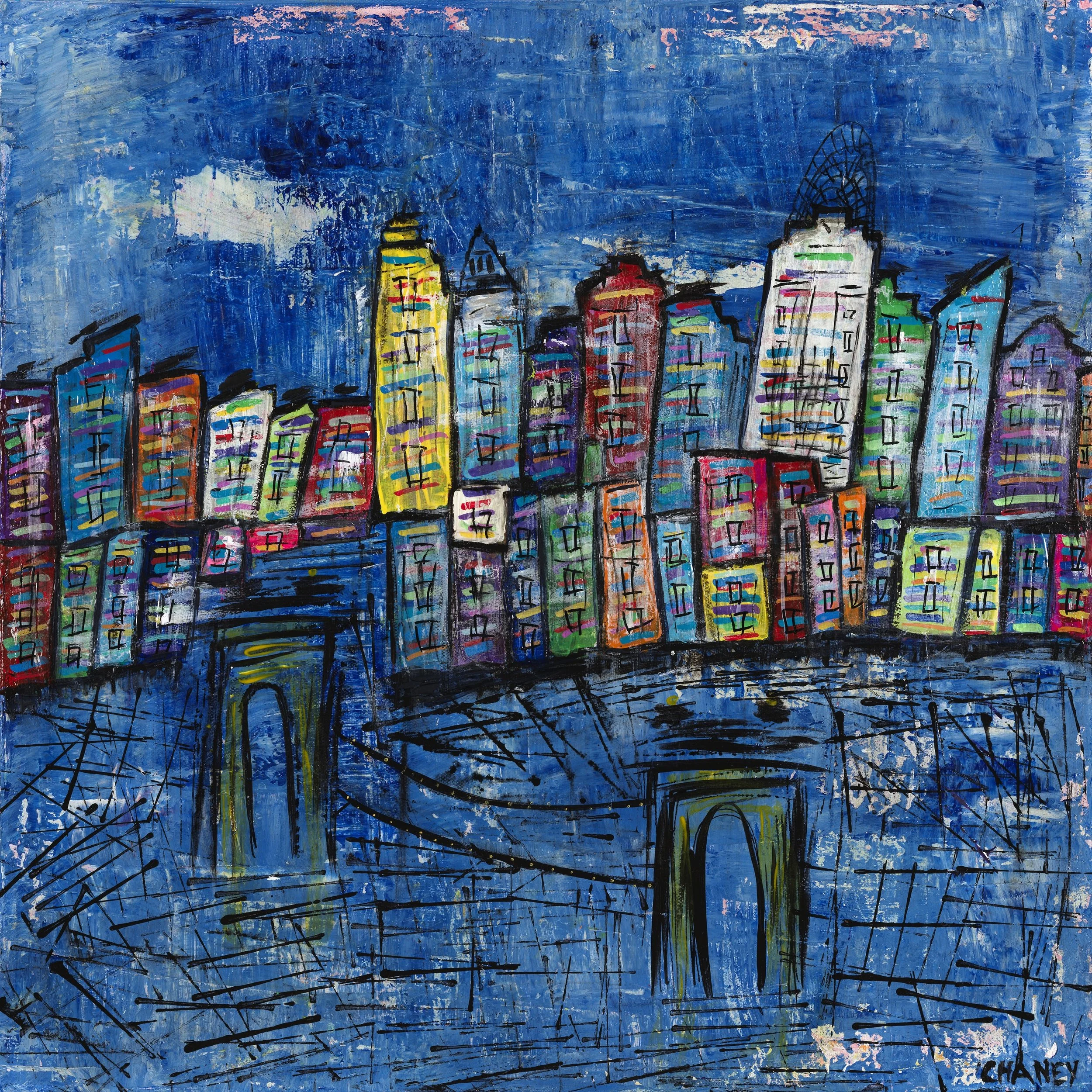 Queen City Blues is a bold expressive view of Cincinnati, The Queen City immersed in shades of blue. Colorful buildings rise above the river and bridges, capturing the city’s energy, character, and reflection. The deep blues create a mood that is bot