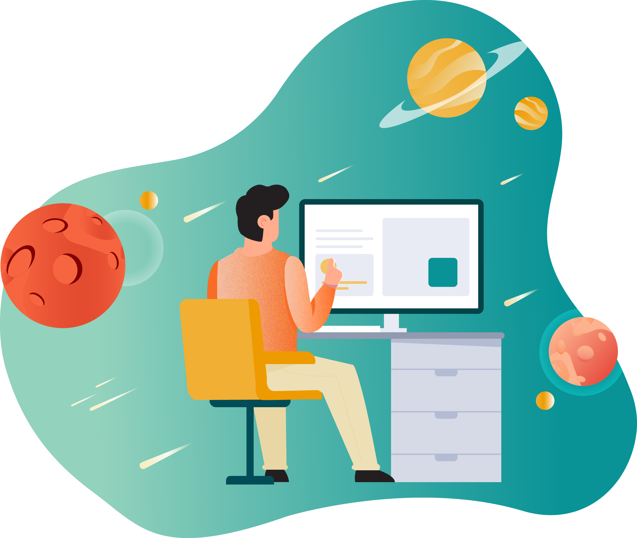 A person sitting on a yellow chair using a computer with a large screen, set against a space-themed background with planets and celestial objects.
