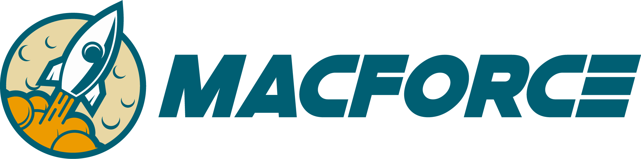 Logo of MacForce featuring a rocket launching from the moon with the word MACFORCE next to it.