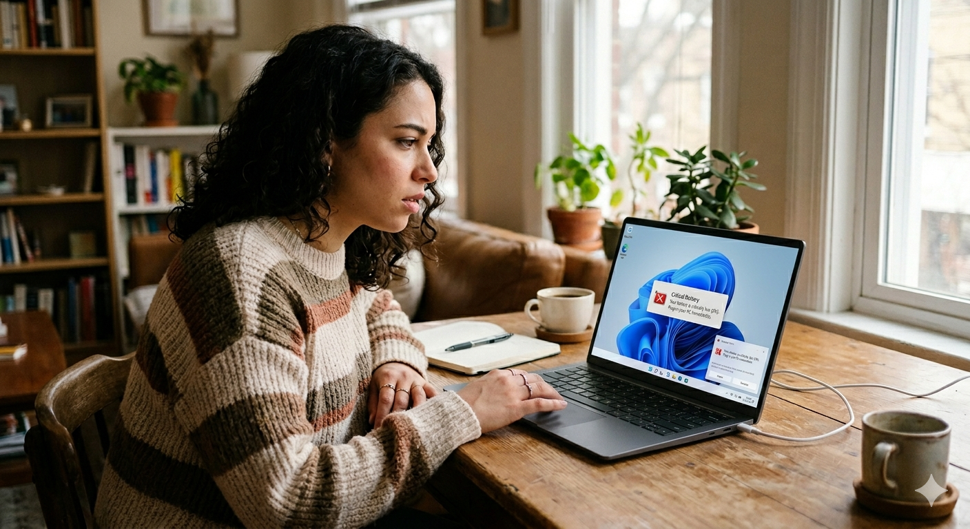 Laptop screen showing a low battery warning
