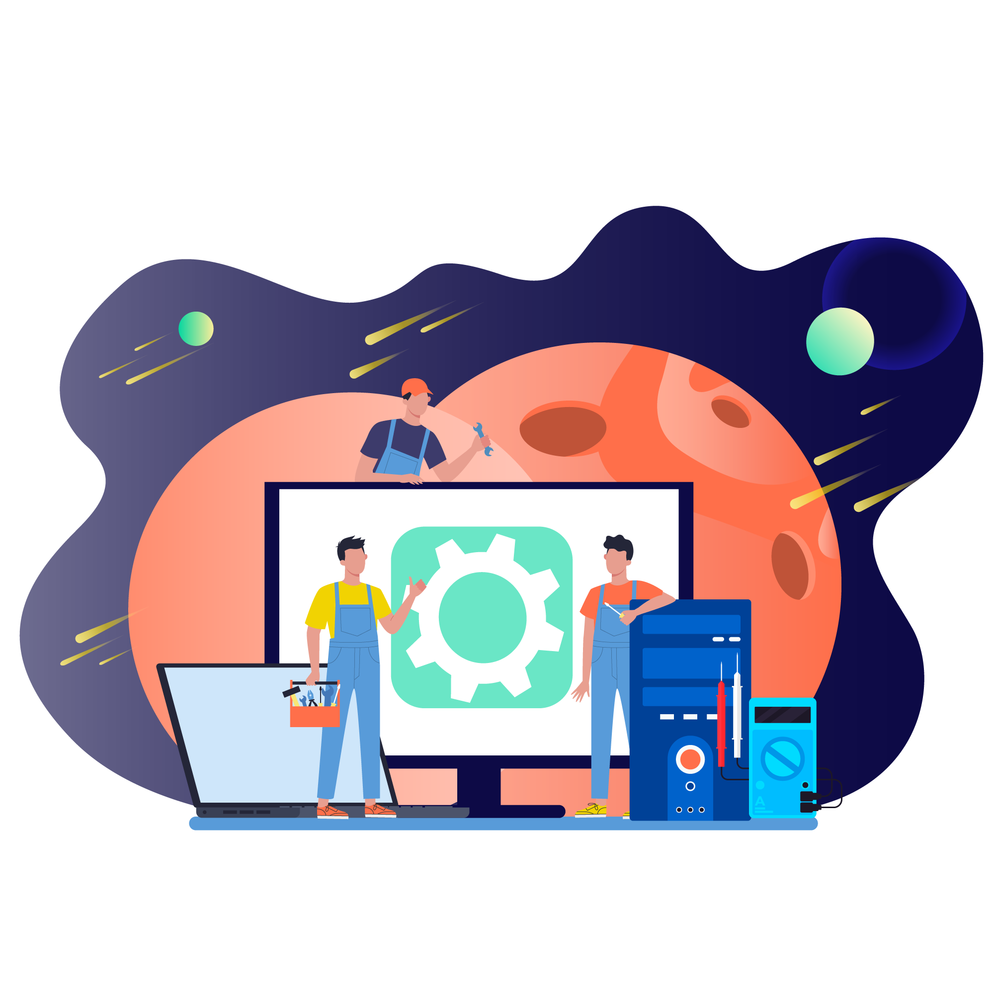 Illustration of two people examining a large computer screen displaying a gear icon, surrounded by various electronic devices and tools, with a space scene including planets and stars in the background.