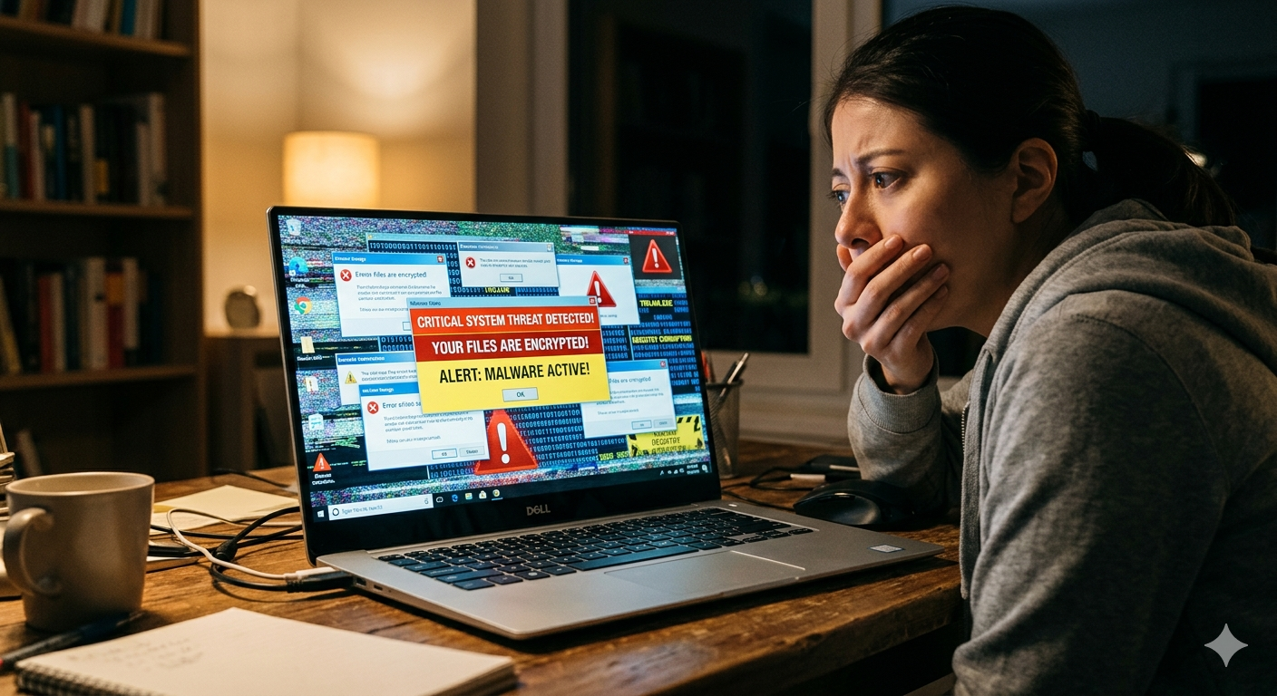 Laptop displaying a security warning alert — signs your PC may have a virusLaptop displaying a security warning alert — signs your PC may have a virus