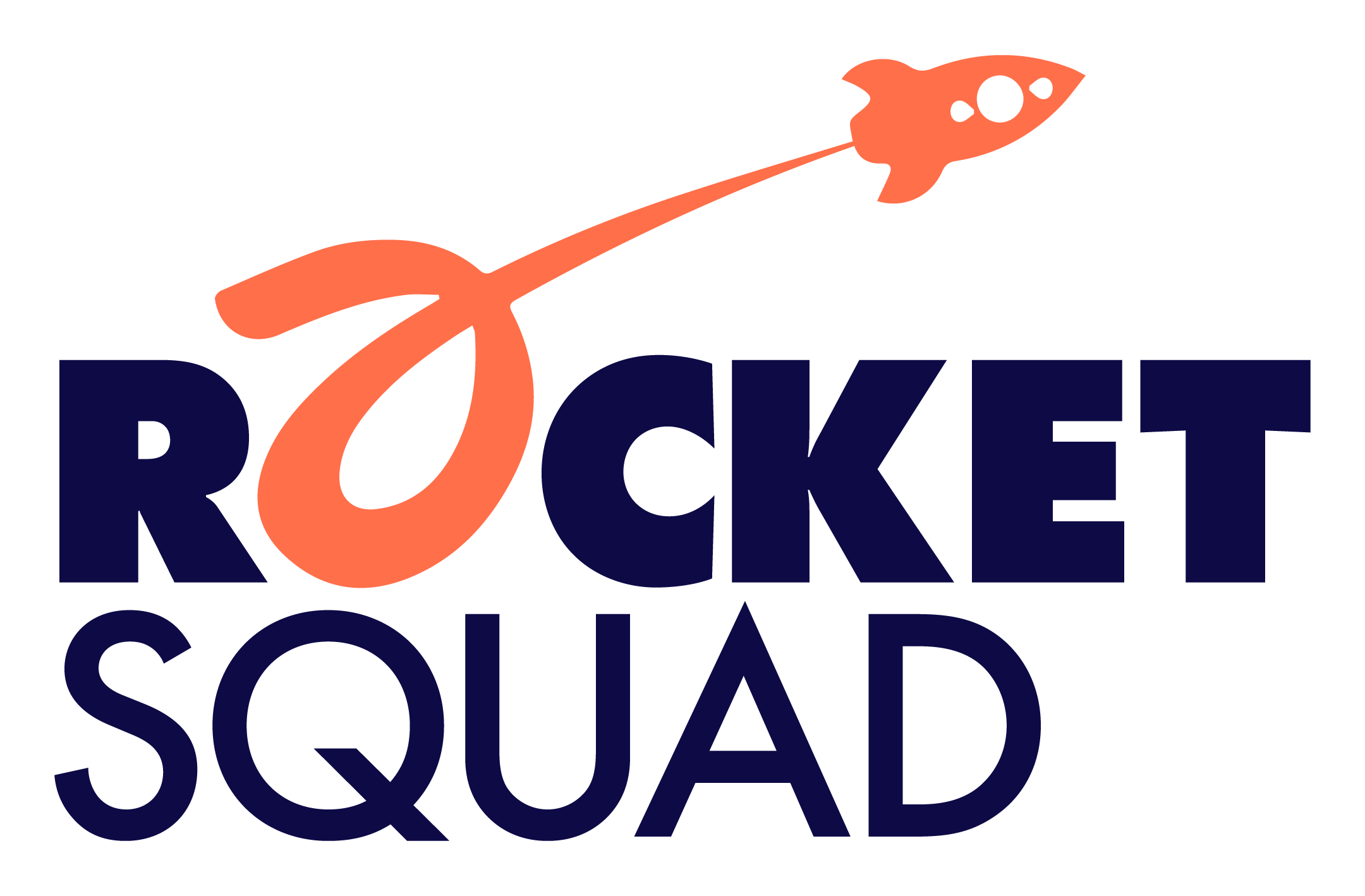 Logo of Rocket Squad with a stylized orange rocket flying over the name in bold navy blue letters.