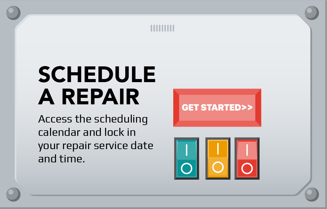 A digital interface for scheduling a repair service, with a large red "Get Started" button, a headline that reads "Schedule a Repair", and instructions to access the calendar to book a repair appointment.