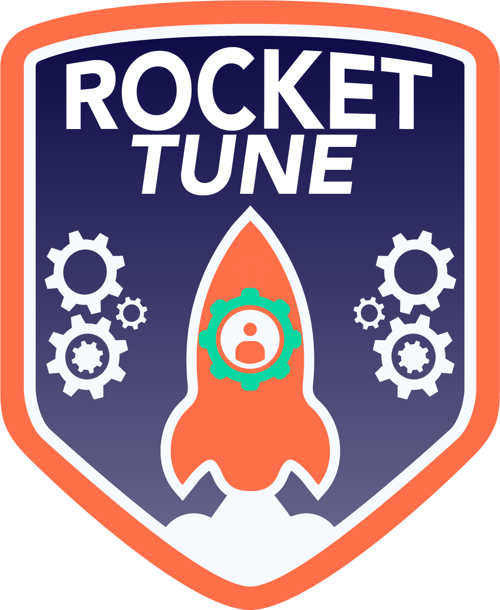 A badge with a rocket illustration and the words "Rocket Tune." The badge features gears and a person icon inside the rocket, with a navy blue background and orange border.